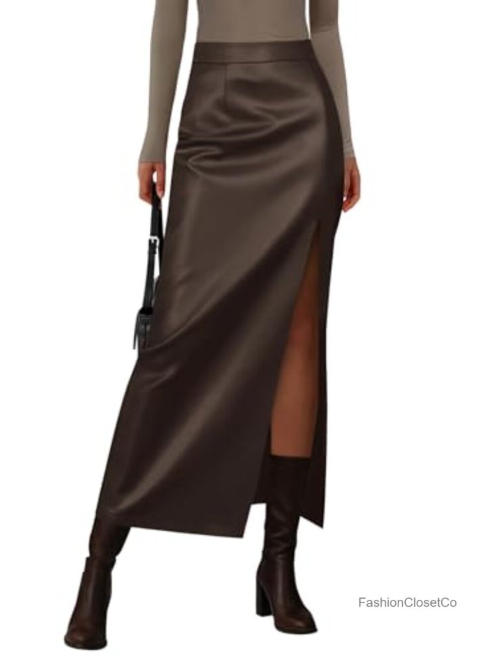 Faux Leather High Waist Maxi Pencil Skirt with Side Slit